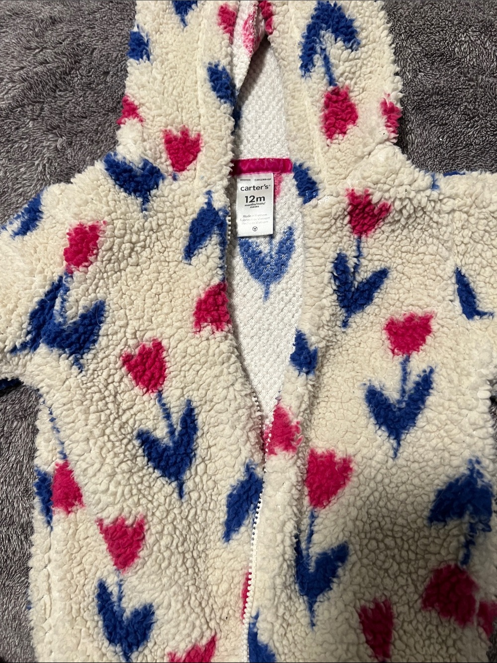 Carter's Cream Sherpa Hoodie with Pink & Blue Heart Pattern